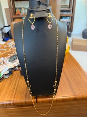Vintage Avon Gold Heart Pendant Necklace & Earrings Set with Pink Crystal Drops